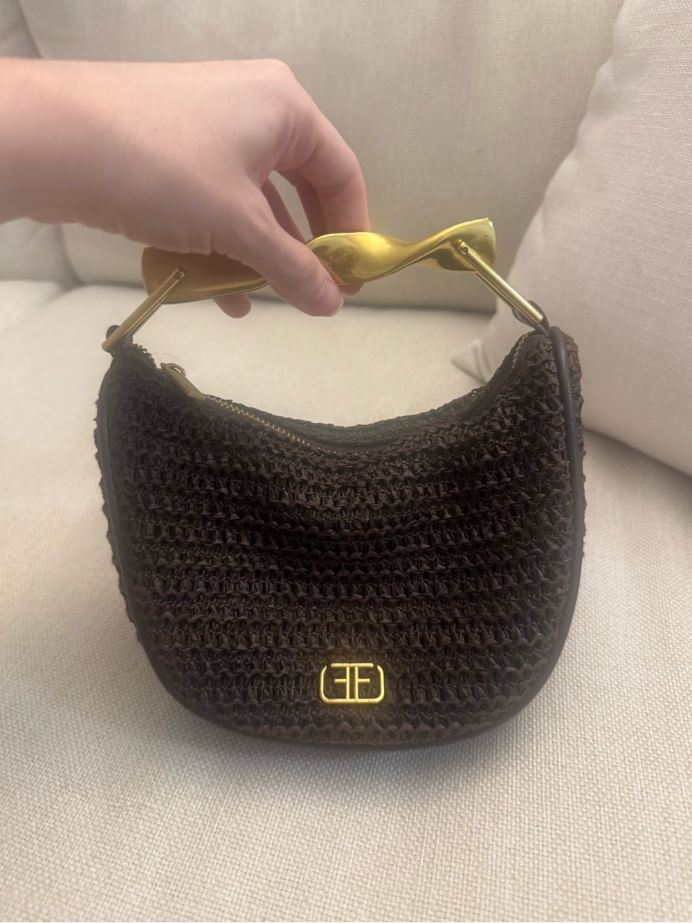 Studio F Brown Woven Top-Handle Women’s Bag with Gold Hardware